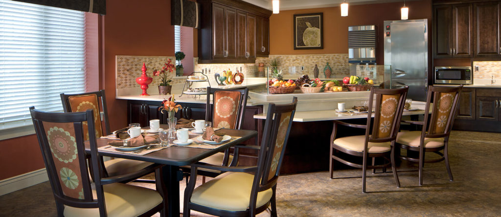 Dining room seating and tables for residents living in continuing care retirement communities.