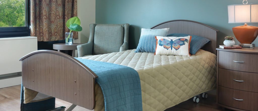 Comfortable and durable bedroom furniture for residents of skilled nursing home environments.