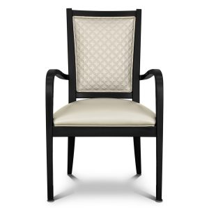 Black chair with ivory cushions.