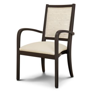 Stackable black chair with ivory cushions.