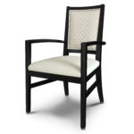 Dark chair with imprinted white cushion back.