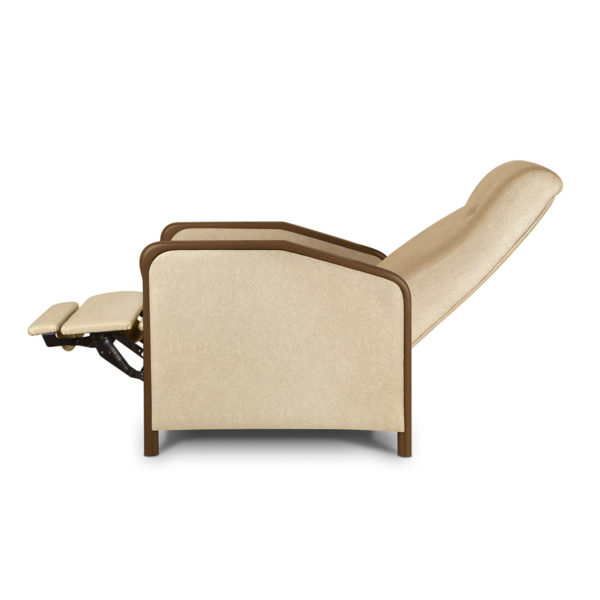 Reclinable beige chair with armrests.