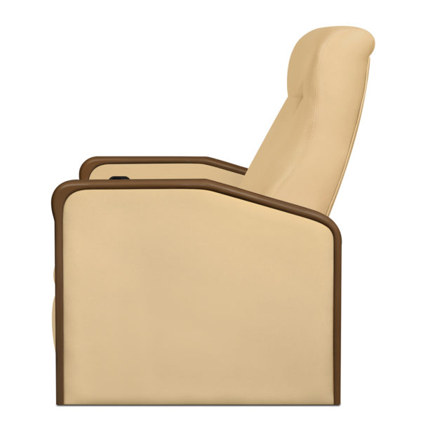 Reclinable tan chair with armrests.