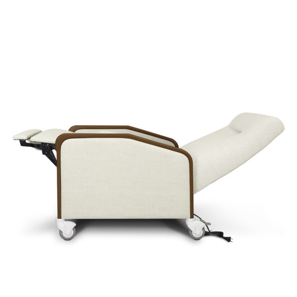 Reclinable white chair with armrests.