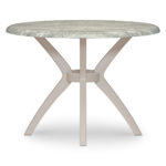 Durable muted color round dining table.