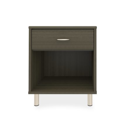 Dark wooden nightstand with one drawer and feet.