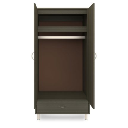 Dark wooden wardrobe with one drawer and feet.