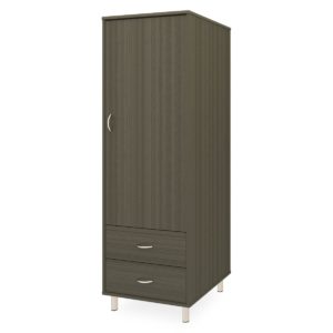 Dark wooden single wardrobe with two drawers and feet.