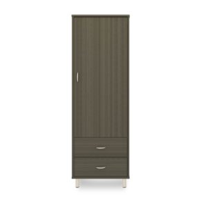Dark wooden single wardrobe with two drawers and feet.