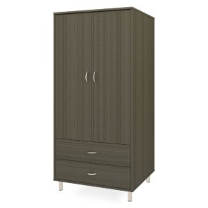Dark wooden wardrobe with two drawers and feet.