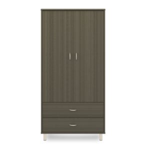 Dark wooden wardrobe with two drawers and feet.