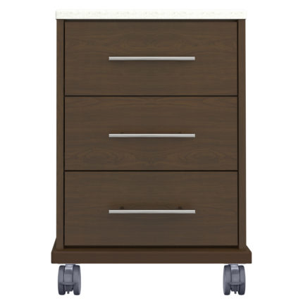 Brown bedside cabinet with three drawers on wheels.