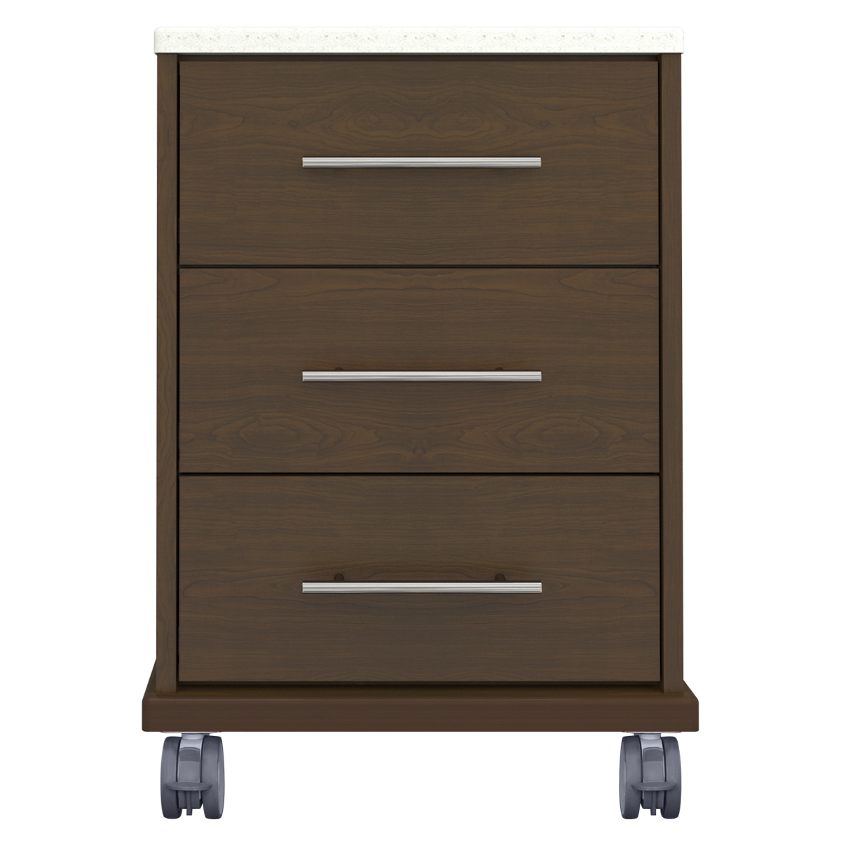 Brown bedside cabinet with three drawers on wheels.
