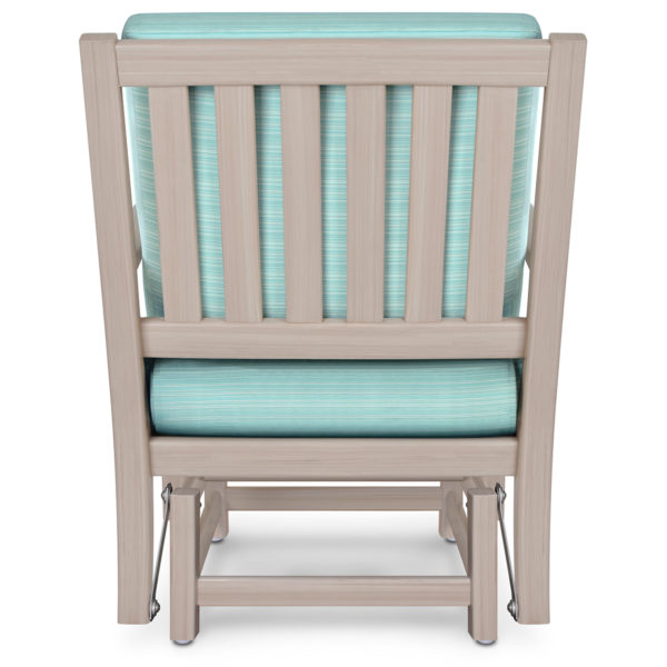 Teal and gray cushioned glider chair.