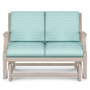 Teal and gray cushioned glider loveseat.