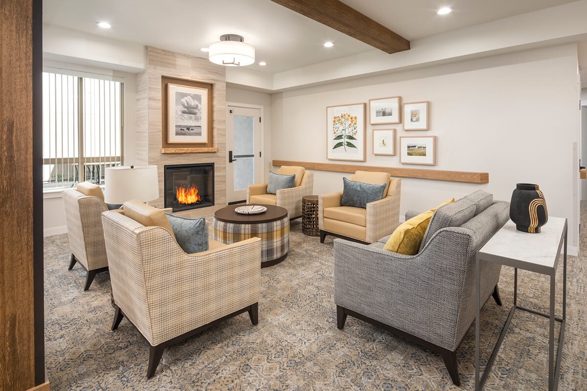 Light yellow and gray plaid themed living area.