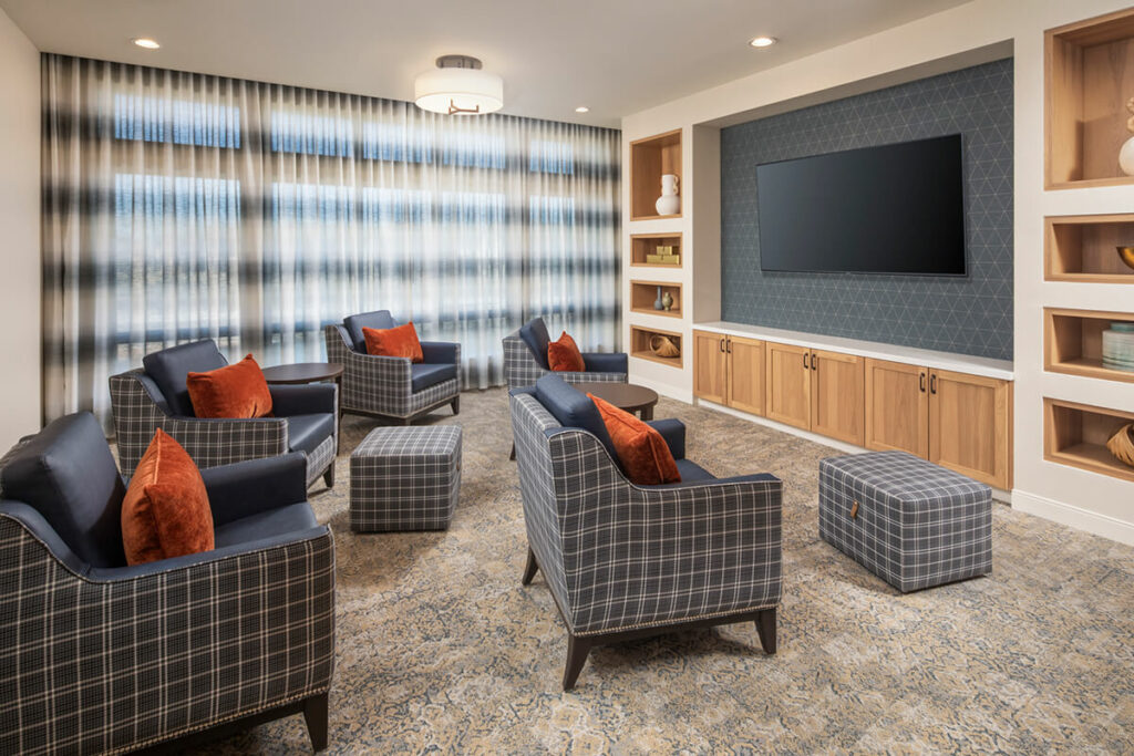 Navy plaid themed living area.