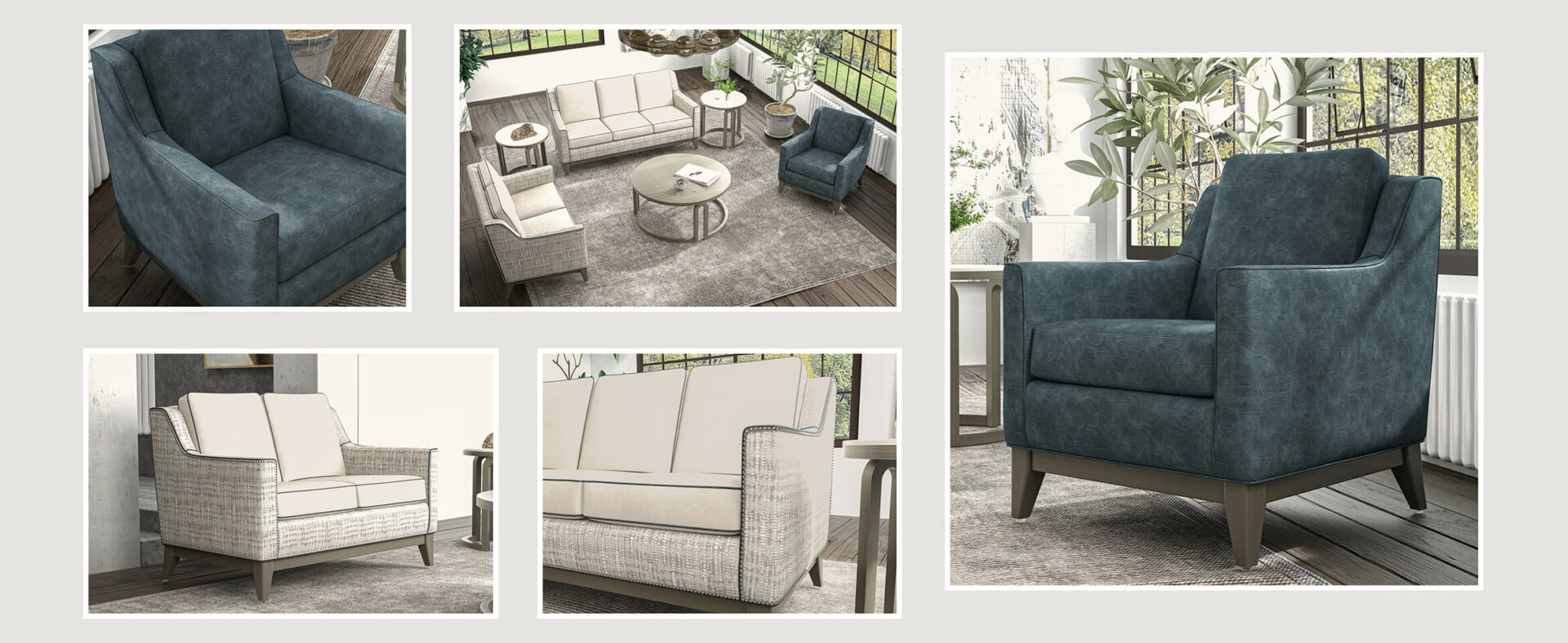 Gray toned living area furniture.