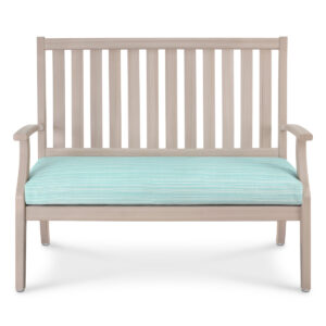 Outdoor bench with cushion.